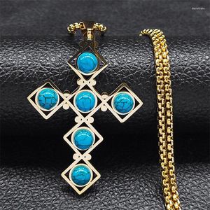 Pendentif Colliers Boho En Acier Inoxydable Bleu Pierre Collier Pour Femmes Hommes Croix Chandail Chaîne Long Bijoux Reiki Guérison Cadeau NX