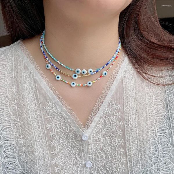 Collares colgantes Boho Vintage Colorido Arroz Cadena de cuentas Collar de ojos azules para mujeres Moda femenina Estilo étnico Joyería gótica al por mayor