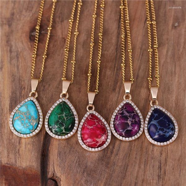 Pendentif colliers Boho Zircon larme collier pierre naturelle jaspe mode Bling or courte chaîne Femme bijoux goutte