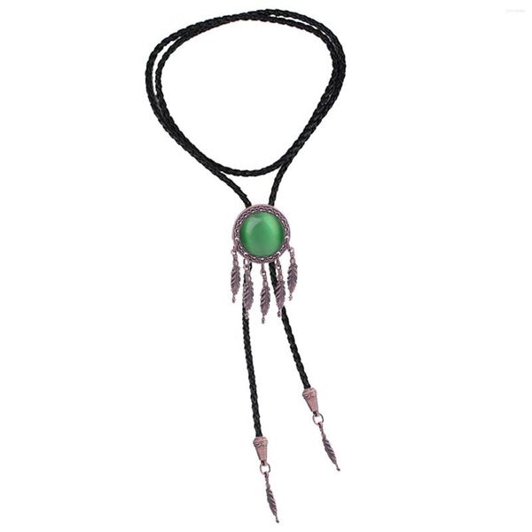 Pendentif Colliers Bolo Cravate Pour Hommes Femmes Western Cravate Vert Pierre PU Corde En Cuir