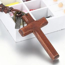 Pendentif Colliers BONISKISS Vintage Bois Croix Crucifix Pour Hommes Femmes Corde Réglable Cordon Chandail Chaîne Prière Religieuse Unisexe Bijoux