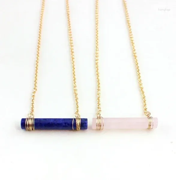 Colliers pendants Borosa Collier de pierre précieuse naturelle Collier Golden Rose Crystal Column Minimaliste Chaîne de pierre de veine bleue pour les femmes promettre des bijoux