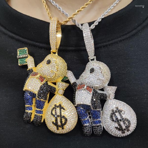 Collares pendientes Niño con bolsa de dinero Colgantes 2 colores Collar de personaje de dibujos animados Iced Out Bling Cubic Zircon Joyas de rapero para hombres