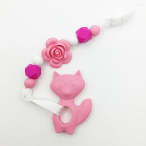 Collares pendientes Clip de chupete de mordedor de silicona para alimentos FDA libre de BPA con collar de cuentas de flores rosas