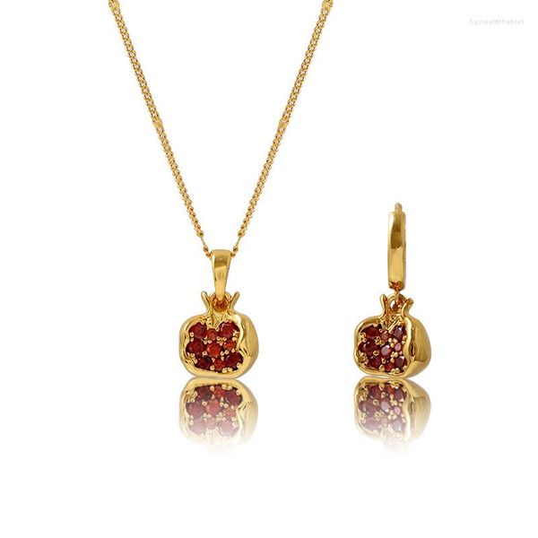 Pendentif Colliers Marque Conception Originale Grenade Collier Clavicule Chaîne Dangle Boucle D'oreille Avec Cristal Rouge Pour Les Femmes En Laiton Plaqué Or 18K