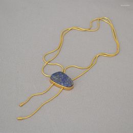 Pendentif Colliers Laiton Doré Simple Géométrique Pierre Lapis Lazuli Long Collier Pull Chaîne Longueur Réglable Pour Les Femmes