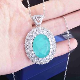 Hanger Kettingen Brazilië Luxe Paraiba Toermalijn Vintage Ketting Meer Blauw Paraiba Eivormig Groot Lab Diamanten Trui Ketting Chokers Geschenken HKD230712