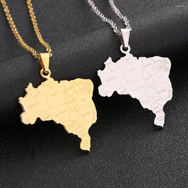 Pendentif Colliers Carte du Brésil avec collier de ville en acier inoxydable pour femmes hommes or argent couleur charme mode cartes du Brésil bijoux cadeaux