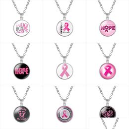 Pendentif Colliers Sensibilisation Au Cancer Du Sein Ruban Rose Pour Les Femmes Verre Foi Espoir Cure Croire Lettre Chaînes Bijoux De Mode En Bk Dr Dhomw