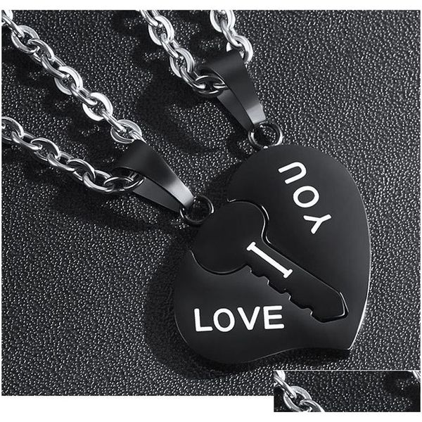 Pendentif Colliers Coeur Brisé Bleu Or Couple Collier En Acier Inoxydable Graver Love You Pendentifs Saint Valentin Couples Bijoux Dr Dhy2G