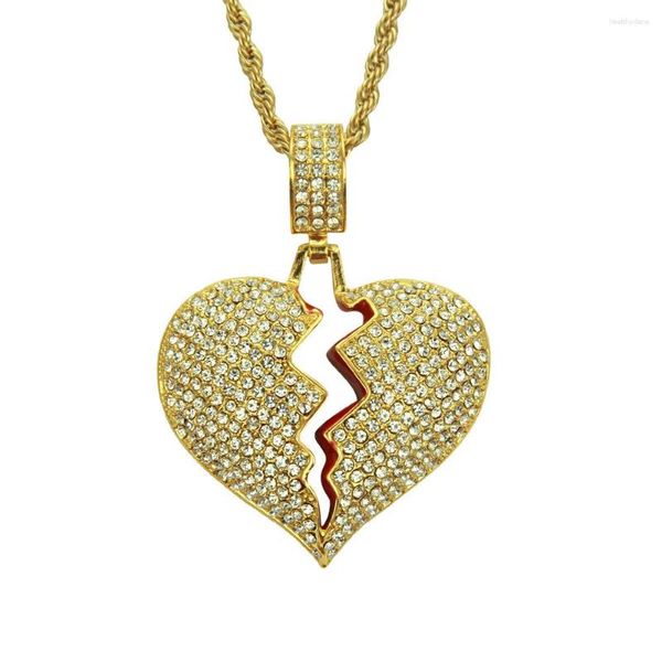 Pendentif Colliers Coeur Brisé Hip Hop Glacé Strass Alliage Collier 24 '' En Acier Inoxydable Chaîne De Mode Charmes Bijoux