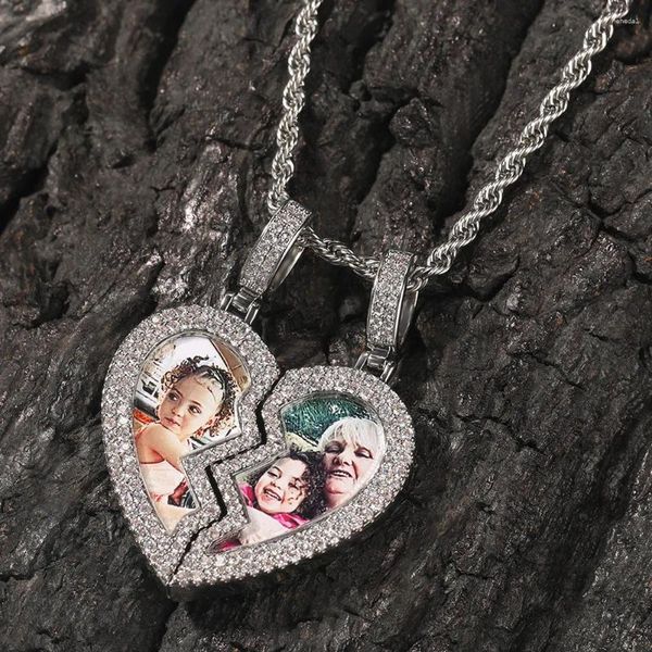 Collares colgantes Corazón roto Medallón Imagen Iced Out CZ Medio Encantos magnéticos Joyería de moda para los amantes