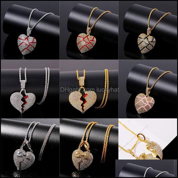 Collares colgantes Corazón roto para hombre Bling Crystal Rhinestone Love Charm Gold Sier Cadena torcida para mujeres Hip Hop Joyería Xl1C143 Dr Otdwg