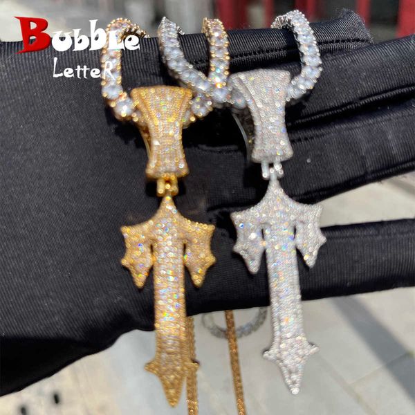 Collares colgantes Bubble Letter Iced Out Cross Sword Collar para hombres Real Chapado en oro Hip Hop Joyería 2022 Tendencia Charms T230413