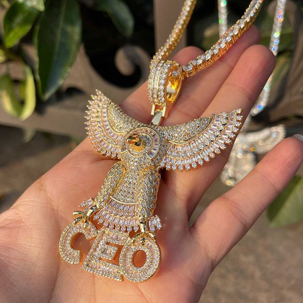 Pendentif Colliers Lettre Bulle Glacé Grand Aigle Ceo Baguette Collier pour Hommes Réel Plaqué Or Cubic Zirconia Hip Hop Bijoux 230621