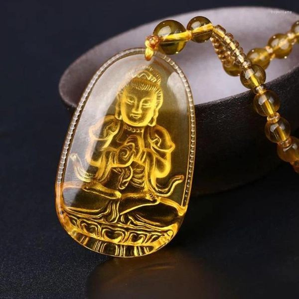 Pendentif Colliers Bouddha Guardian Gods Collier pour femmes hommes sculpté jaune pierre amulette bijoux