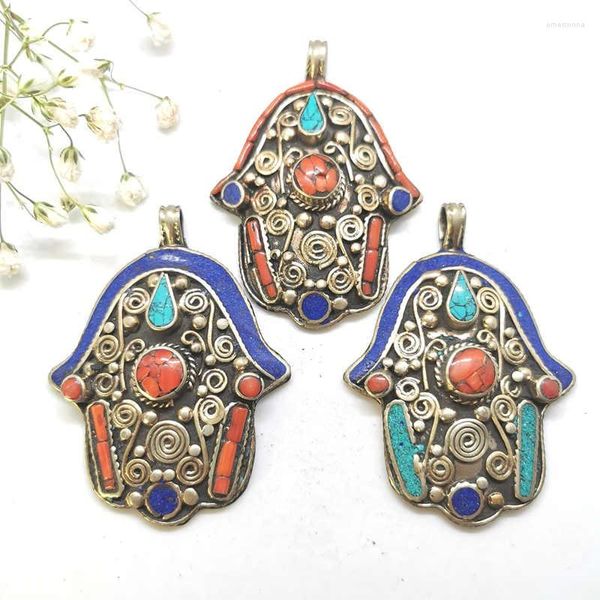 Collares con colgantes, colgantes de mano de Buda, joyería étnica tibetana, amuleto budista, colgante de piedra con incrustaciones de cobre Vintage de Nepal TBP305