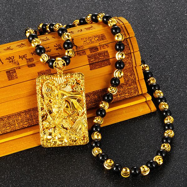 Colares com pingente Budismo Bênção Dragão esculpido à mão para mulheres homens contas de obsidiana real ouro 24 K Dominador gargantilha jóias 230630