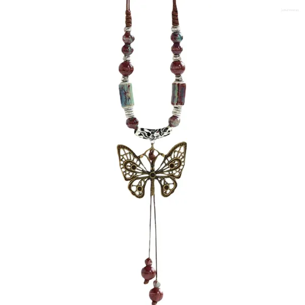 Collares colgantes Collar de mariposa Étnico para mujeres Nacionalidad Suéter Joyería simple Cerámica Mariposas Cadena Vintage