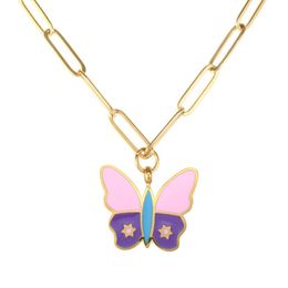 Collares colgantes Collar de mariposa Rosa Esmalte púrpura Aceite de goteo para mujeres Moda Joyería de verano Regalo Colgante