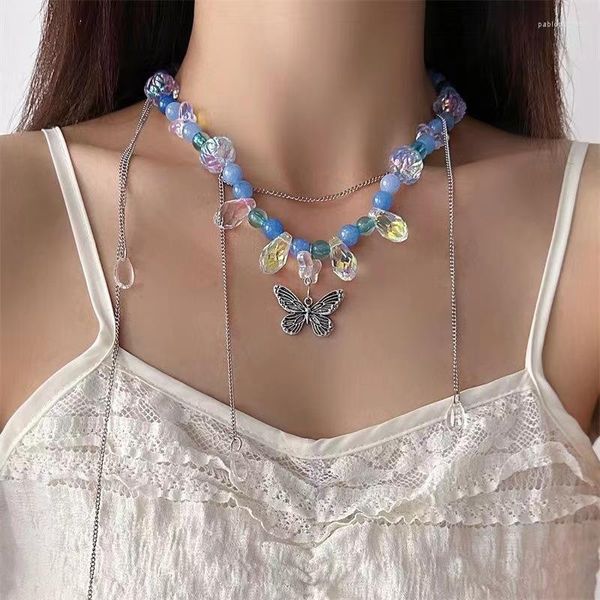 Collares colgantes mariposa gotas de agua borla Collar azul 2023 Collar cadena mujer cristal cuentas collar joyería