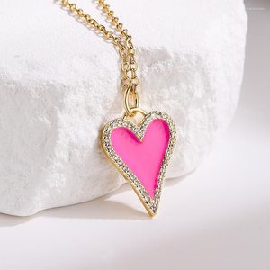 Collares colgantes COMPRAR CZ Rosa / Púrpura / Naranja / Verde 4 colores Esmalte Corazón Collar de cadena de acero inoxidable para mujer niña