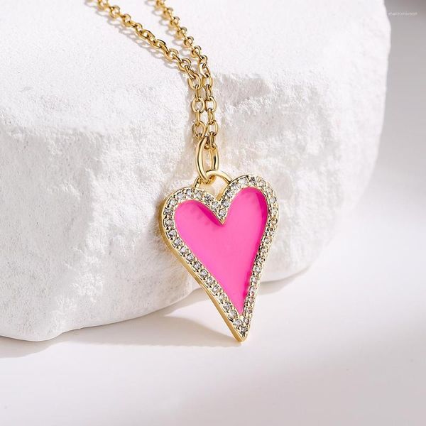 Pendentif Colliers Acheter CZ Rose / Violet / Orange / Vert 4 couleurs émail coeur chaîne en acier inoxydable collier pour femme fille