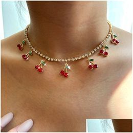 Bynouck nouveau luxe rouge cerise cristal Tennis chaîne femmes collier charme mignon pendentif colliers femmes Rhin Dhgarden Otolq