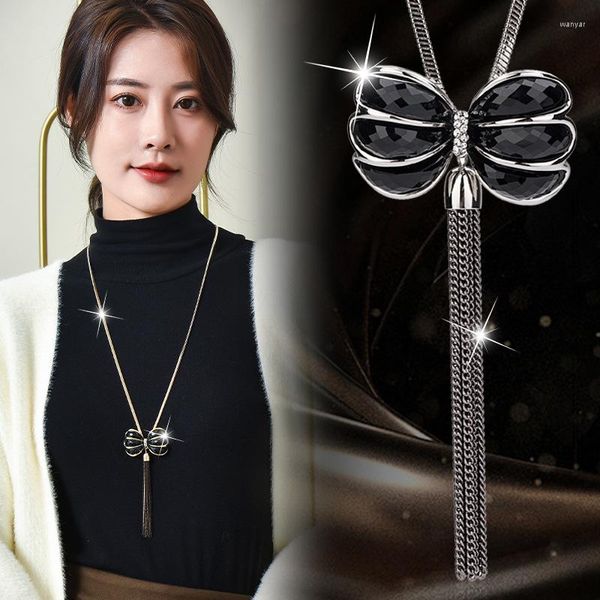 Collares colgantes Bystal Crystal Black Butterfly Tassel Collar de plata