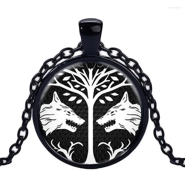 Collares colgantes Collar de vidrio Cabochon Fierce hambriento Doble Wolf Árbol de vida