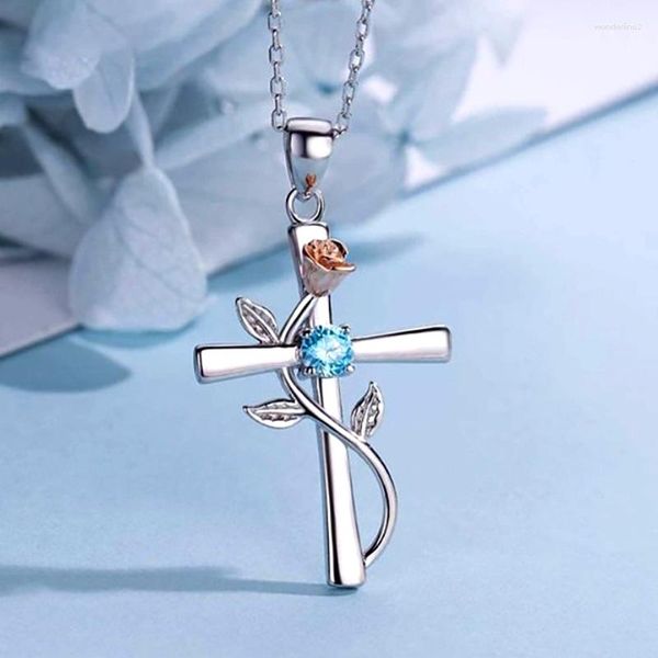 Pendentif Colliers CAOSHI Élégant Croix Collier Pour Femmes Rose Fleur Conception Accessoires Cérémonie De Mariage Lumineux Zircone Bijoux Cadeau