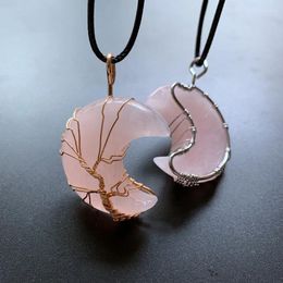 Pendentif Colliers Sculpté Lune Rose Quartz Pierre Énergie Fil Enveloppé Collier Naturel Guérison Spirituelle Cristal Dropship