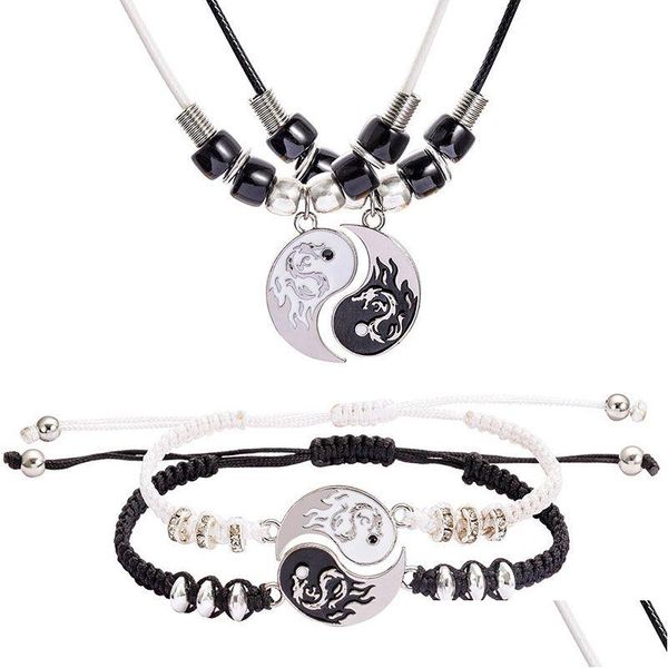 Pendentif Colliers Couples Décontractés Jumelé Pendentifs Collier Pour Femmes Homme Tai Chi Yin Yang Chaîne En Cuir Blanc Noir Amitié Jewelr Dhao3