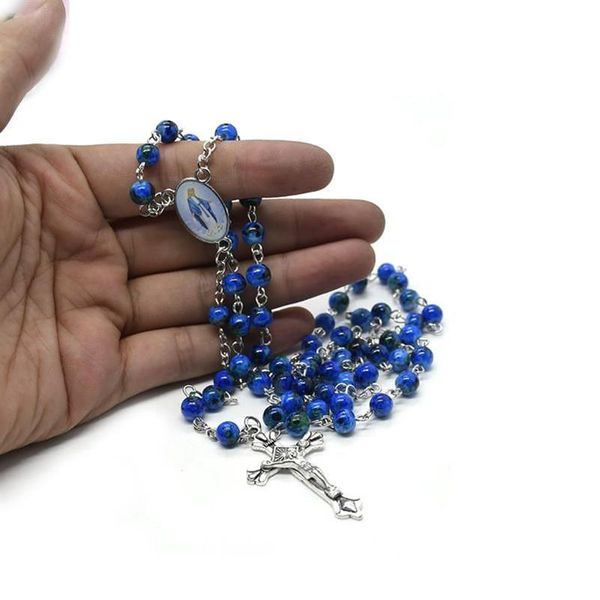 Pendentif Colliers Catholique Chrétien Marine Bleu Cristal Perles Vierge Marie INRI Crucifix Croix Rosaire Collier Religieux Baptême Jew2607