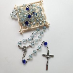 Pendentif Colliers Croix Catholique Jésus Christ Vierge Marie Médaille Chapelet Religieux Bleu Perles De Prière Chaîne Collier Église Fournitures Bijoux