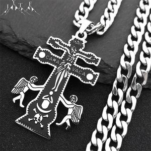 Collares colgantes Católico INRI Caravaca Cruz Crucifijo Querubín Ángel Collar Mujeres Hombres Acero inoxidable Ortodoxo Rusia Joyería N9612S05