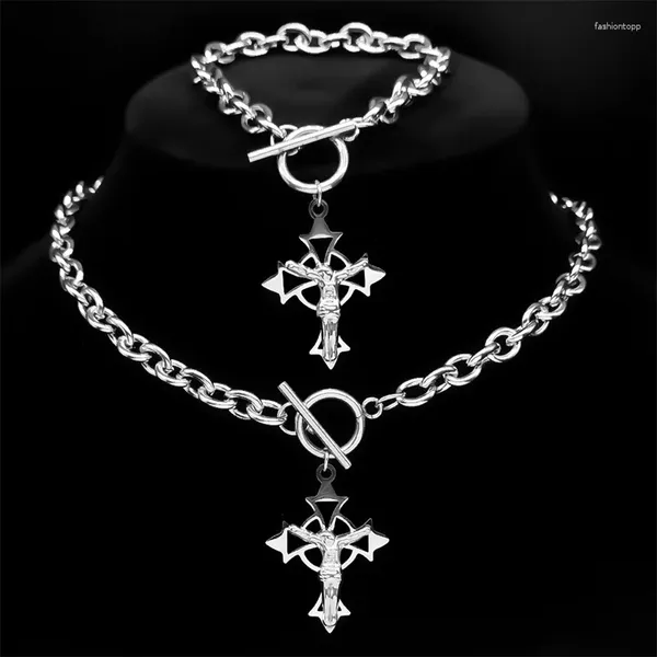 Collares colgantes Católico Jesús Cruz Crucifijo Collar Pulsera Conjunto para mujeres Acero inoxidable Cadena de moda Joyería Collares Para Mujer