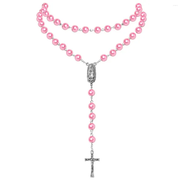 Collares colgantes Católico Rosa Púrpura Blanco Azul Perlas Rosario Collar con Virgen María Medalla Cruz Joyería de Moda