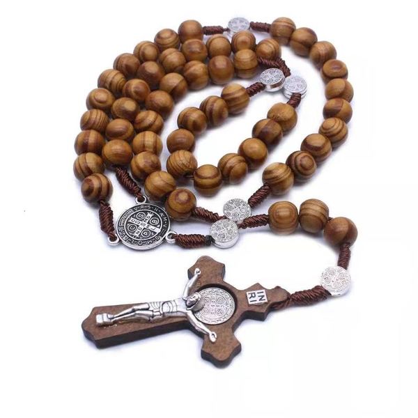 Collares colgantes Collar de cuentas de oración católica Cruz de madera hecha a mano Jesús Joyería religiosa Gargantilla Collier Bijoux CollaresColgante