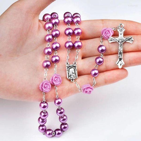 Collares colgantes cuentas de vidrio púrpura católico collar de rosario para mujeres enri crucifix rosa cadena moda religión joyería