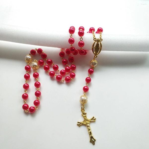 Collares colgantes Católico Rojo Perlas de imitación Rosario Collar con cuentas Virgen María Crucifijo Jesús Cruz para mujeres Regalo de joyería