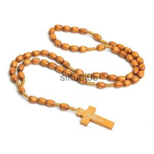 Chapelet catholique croix pendentif collier perles en bois naturel fait à la main collier de perles croix christianisme religieux jésus bijoux x1009