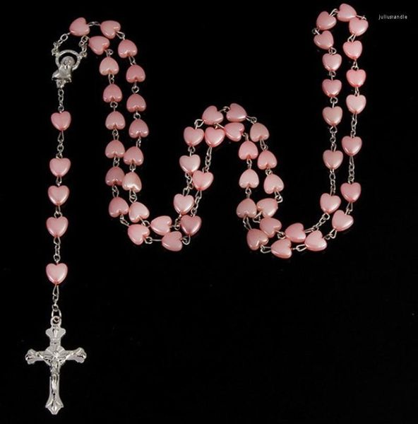 Pendentif Colliers Chapelet Catholique Collier de Prière Marie Bénédiction Plastique Rose Perles en Forme de Coeur