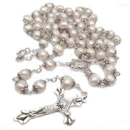 Pendentif Colliers Catholique Blanc Naturel Perles Longue Chaîne Collier Vierge Saint Jésus Croix Rosaire Perles Religieux Prière Bijoux