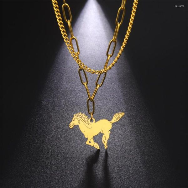 Collares colgantes Cazador Animal Racing Horse Collar de cadena doble para mujeres Joyería de acero inoxidable Color oro Cuello Regalo de cumpleaños