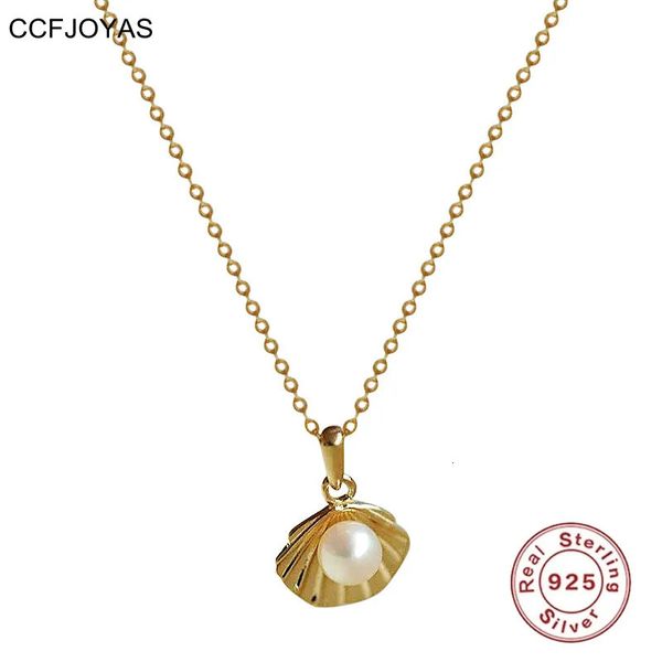 Pendant Necklaces CCFJOYAS 100% réel 925 en argent Sterling en forme de coquille pendentif collier 14k plaqué or perle d'eau douce chaîne collier bijoux 231010