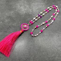 Hanger Kettingen Keramische Kralen Boheemse Lange Rose Crystal Ketting Accessoire Vrouwen Trui Keten Kunstleer Voor Feest