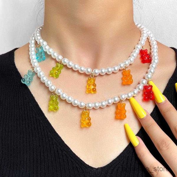 Collares pendientes Cadenas Gummy Bear Collar de cuentas de perlas para mujeres niñas Rainbow Color Beads Cartoon Teddy Gargantilla hecha a mano Collares Joyería R230615