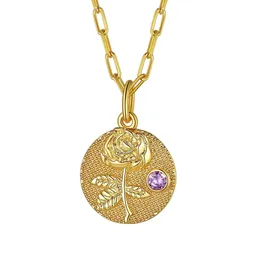 Colliers pendentif ChainsPro Coin CZ Dainty Mois de naissance Collier de disque floral avec pierre de naissance gravée Bijoux d'anniversaire personnalisés pour elle