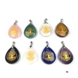 Anhänger Halsketten Chakra Reiki Heilung Halbedelstein Wassertropfen Gold Baum des Lebens Muster Charms Amet Kristall Meditation für Männer Dhfzo